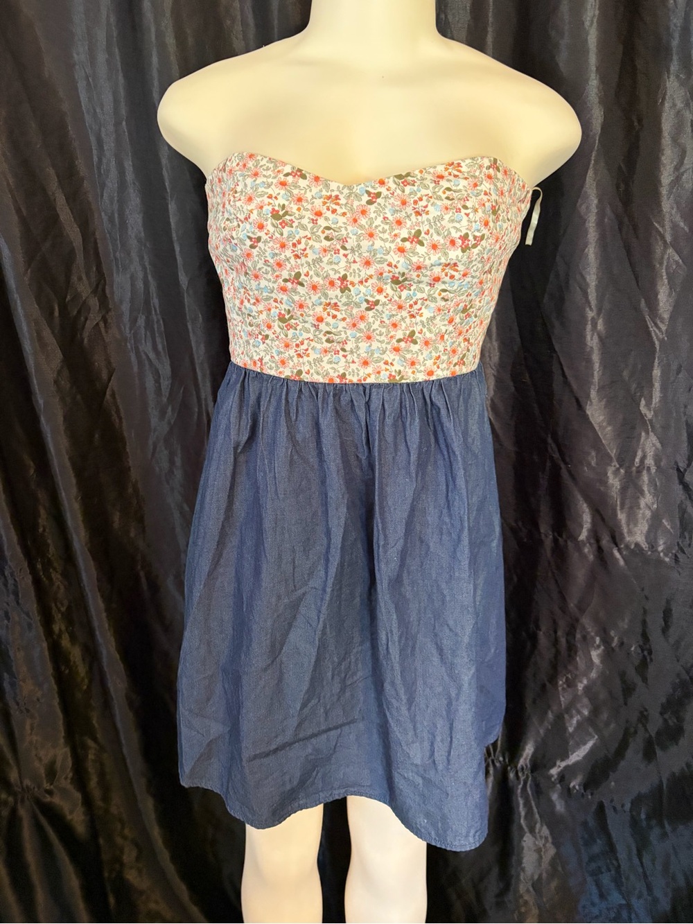 21 Strapless Floral Bodice Blue Skirt Mini Dress